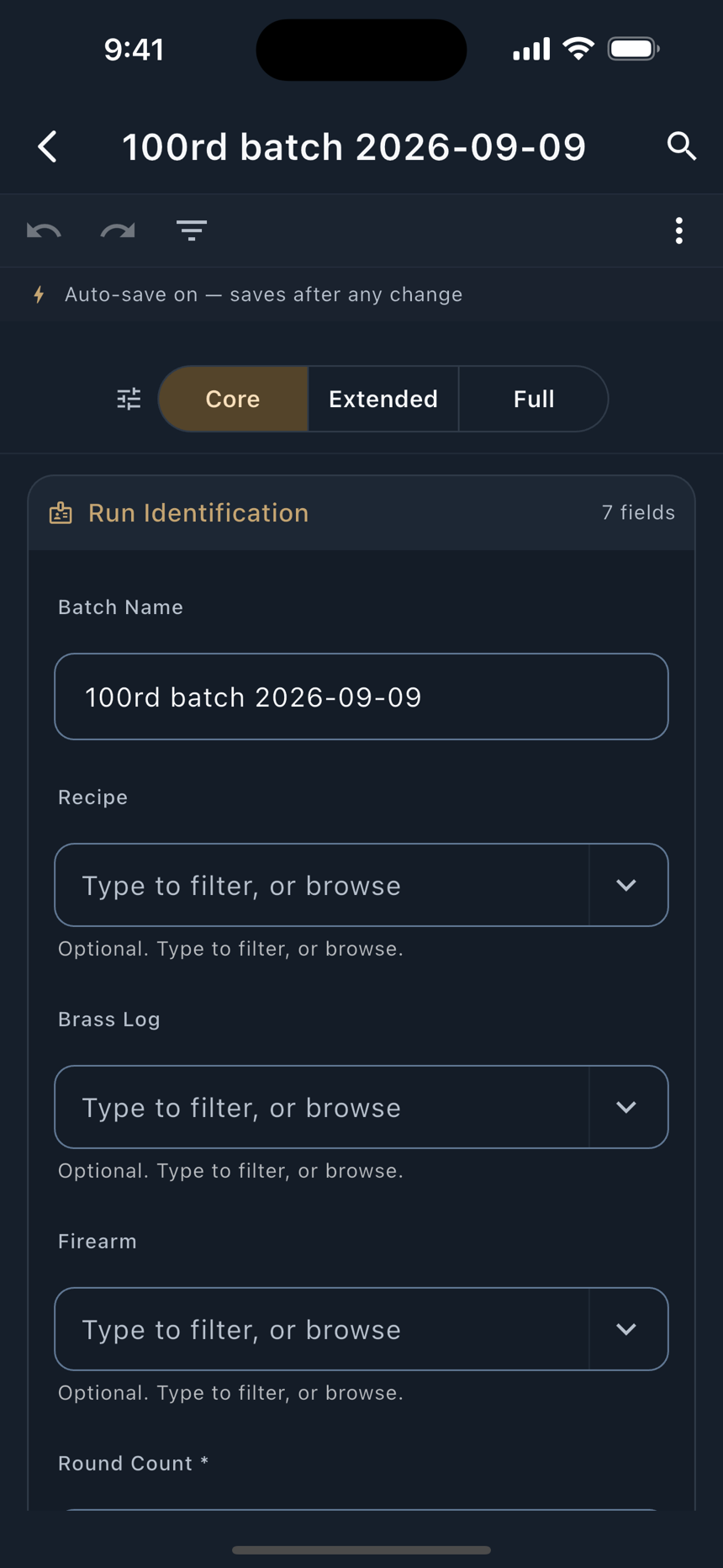 The batch list with its status pills, and the full batch form.
