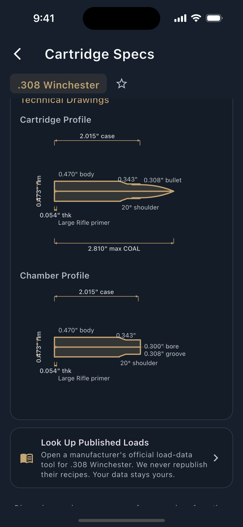 The cartridge list, and one cartridge's specifications.