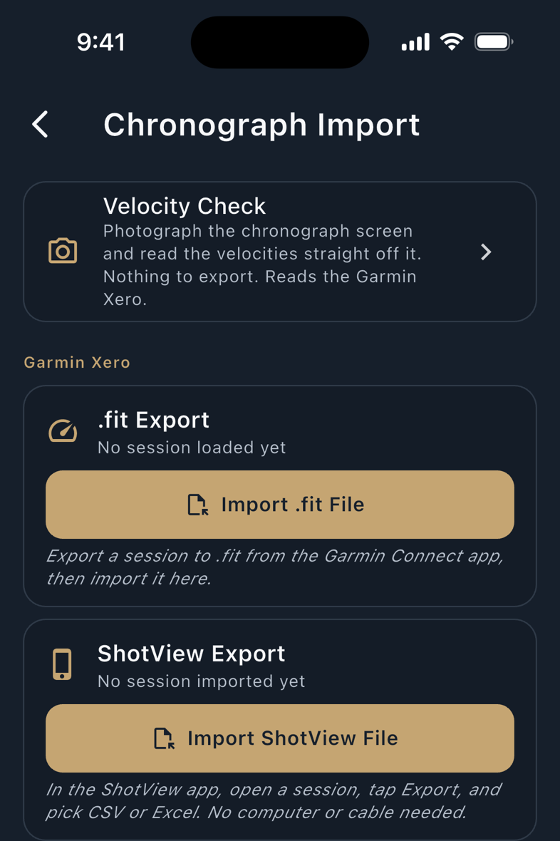 Chronograph Import and Velocity Check: the file routes, and reading the screen from a photograph.