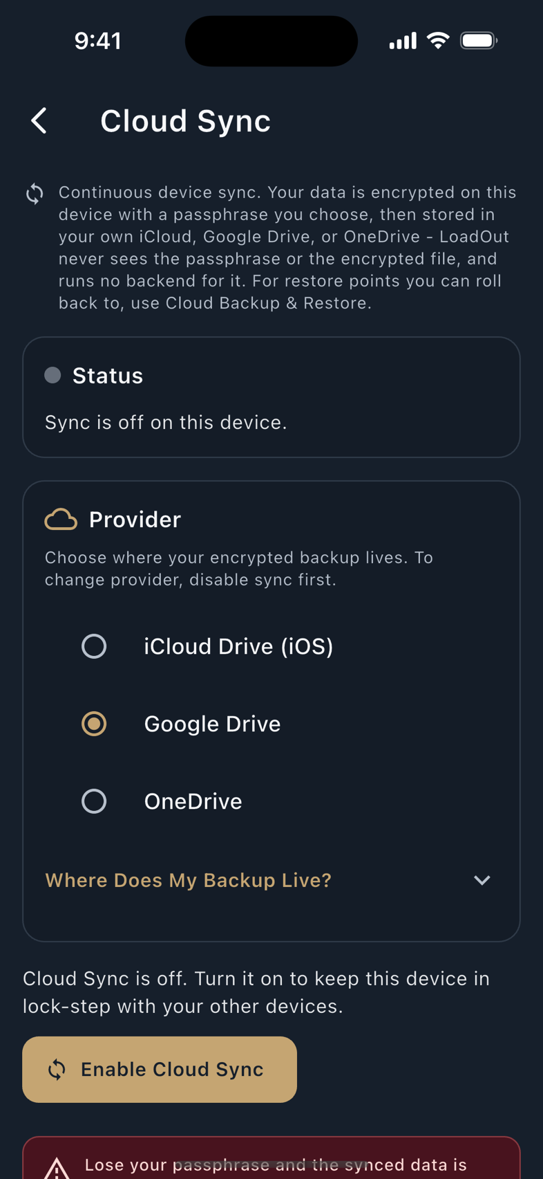 The Cloud Sync screen.