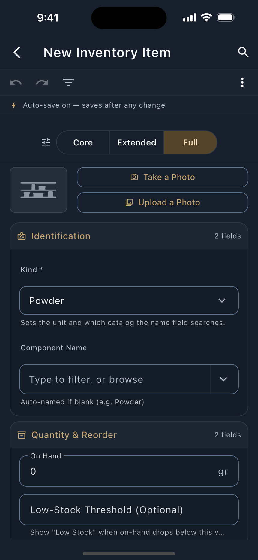 The inventory list, and one item's form.