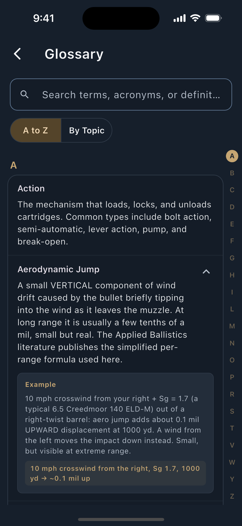 The glossary by topic, and one term with its example.