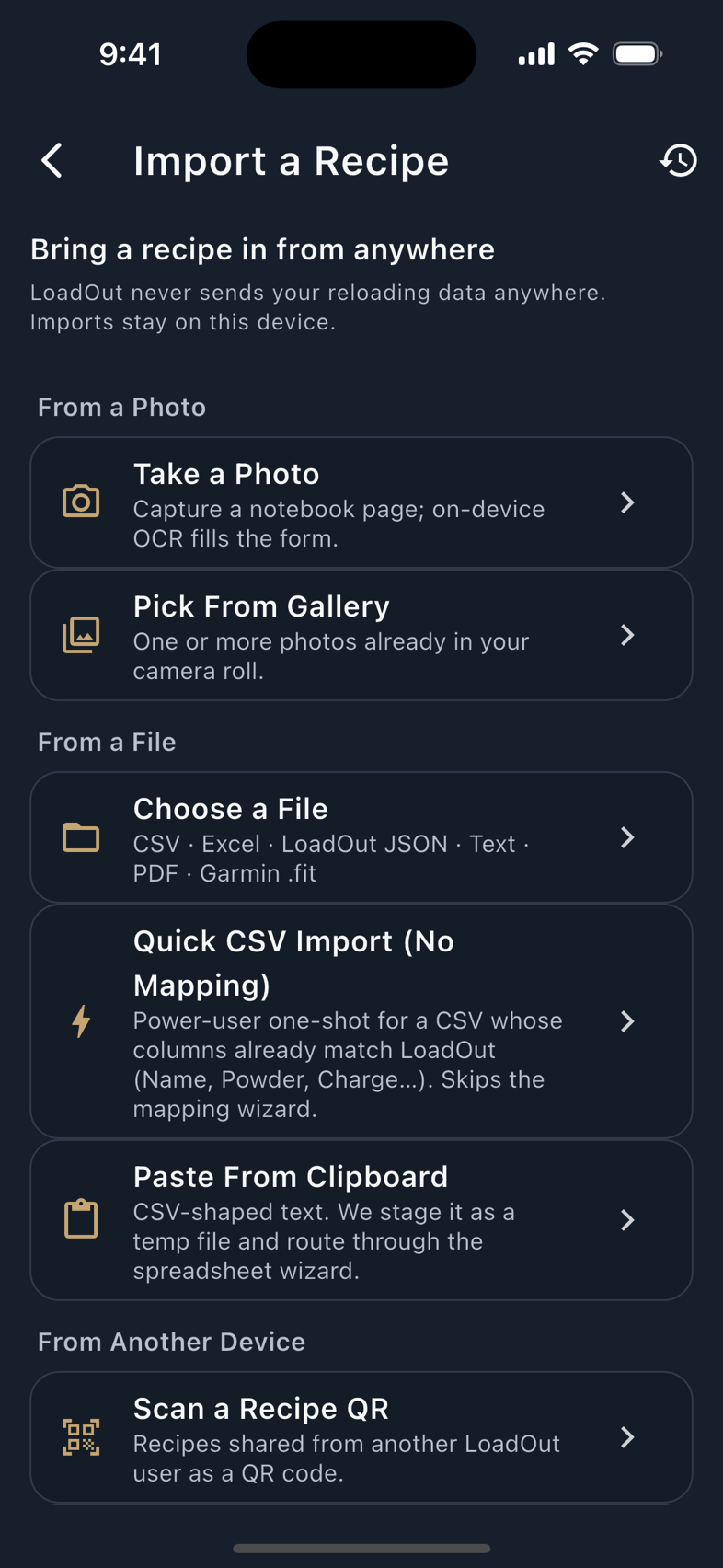 The import landing screen, with each route grouped by where the data is coming from.