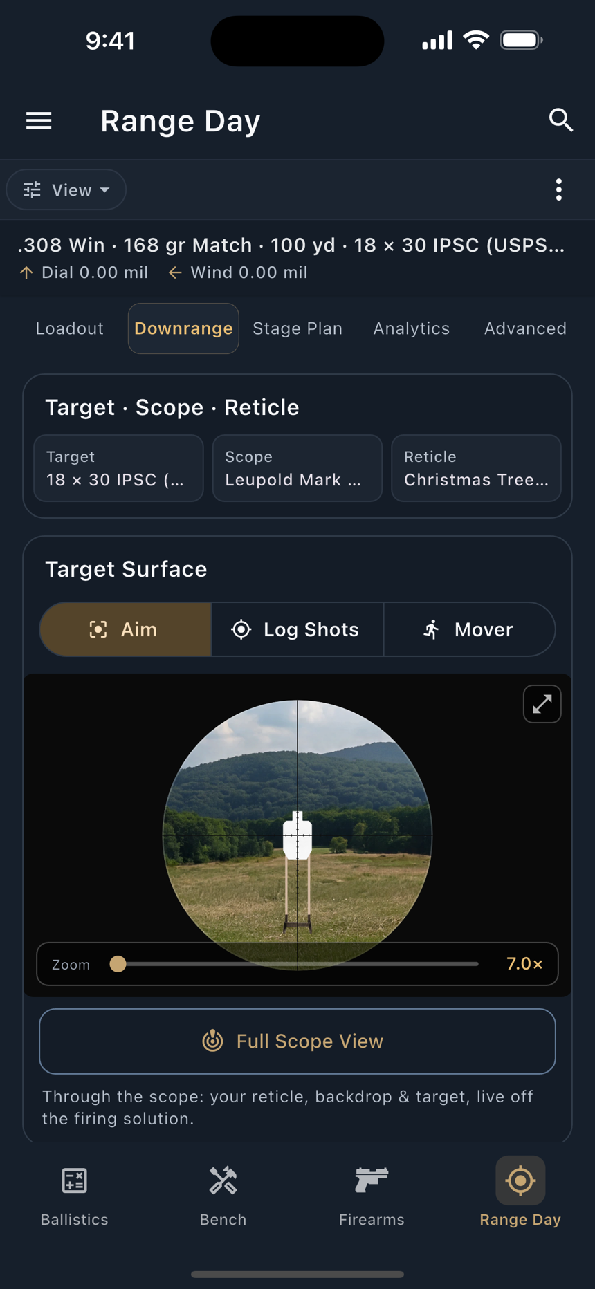 The Scenic tier: the same target and reticle, on a photo backdrop.