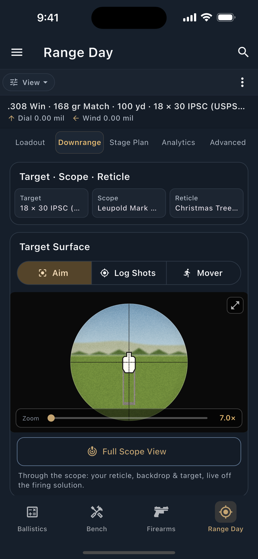 Aim, and Log Shots with impacts plotted on the target face.
