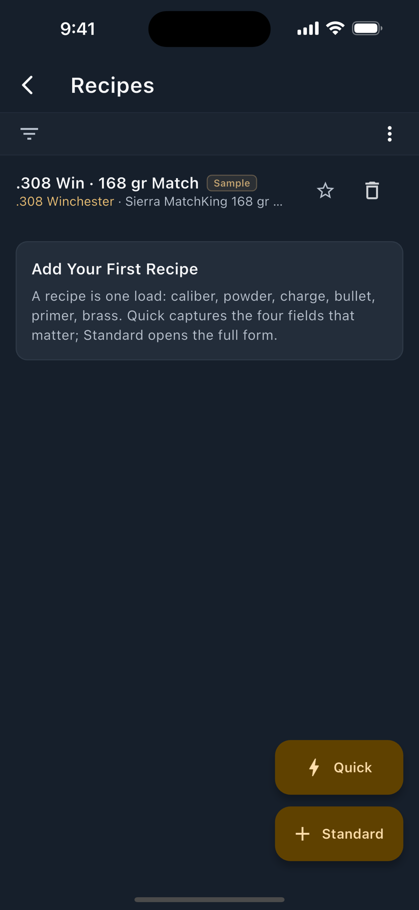 The recipes list, with favourites grouped above.