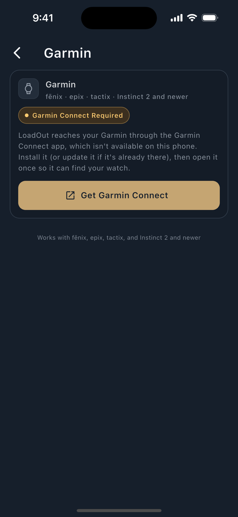 The Apple Watch and Garmin pages in Settings, where each watch's behaviour is set.