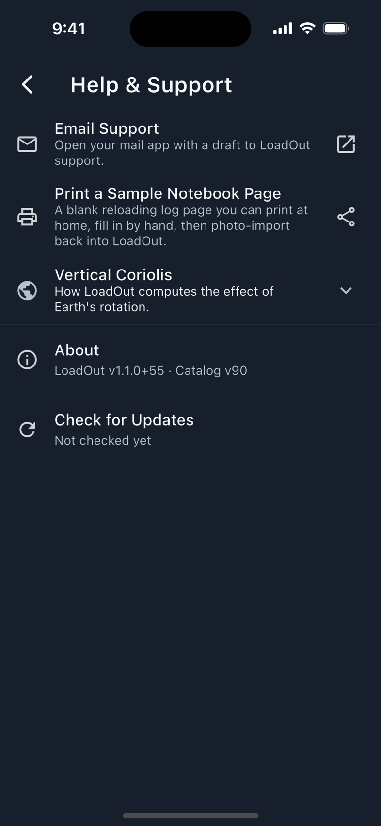 Help & Support, with the About block at the bottom.