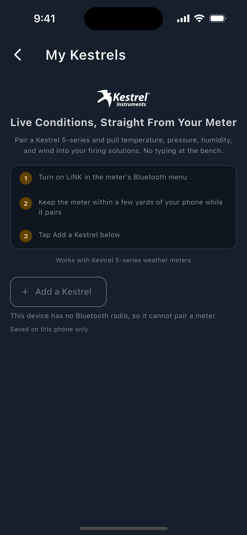 My Kestrels: the landing, the pairing card, and the paired meters.
