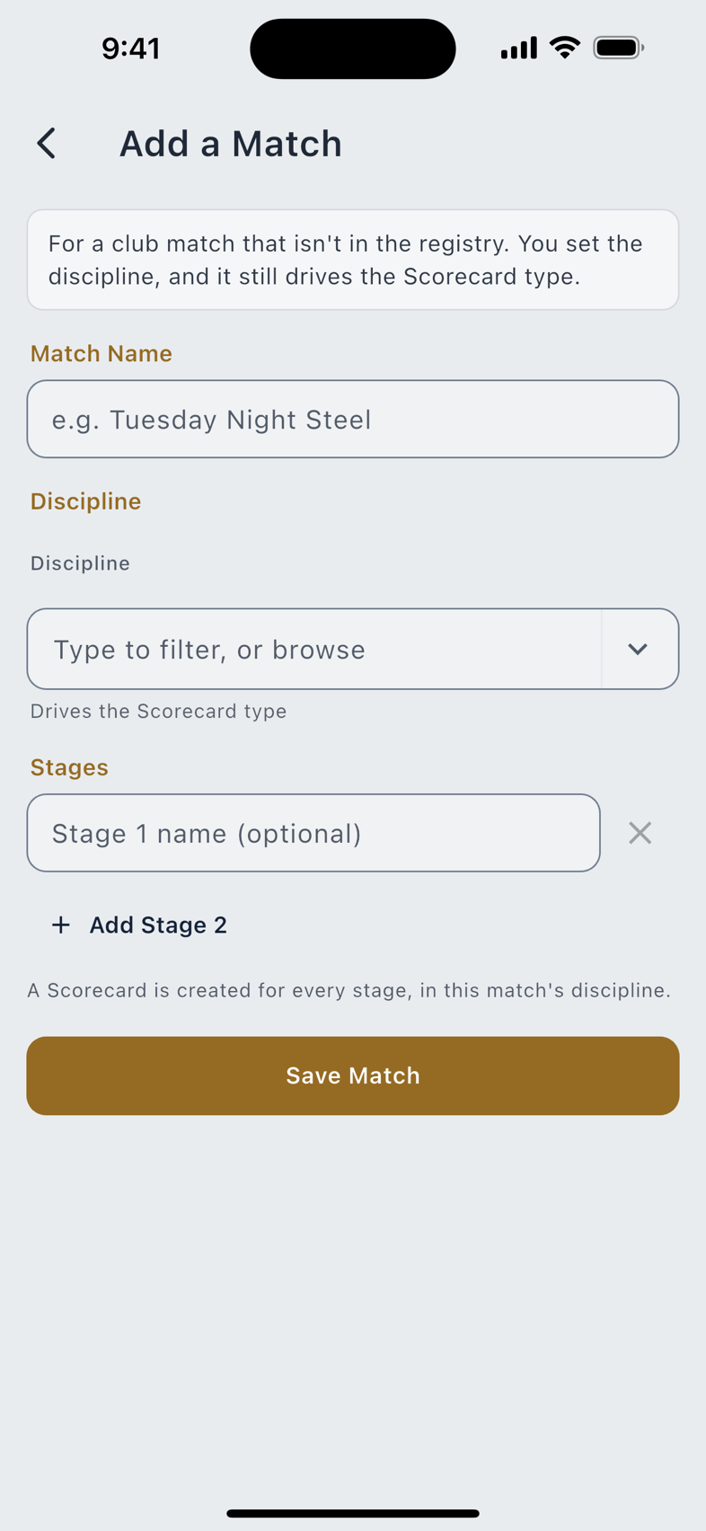 Add a Match: name, discipline, and the stage rows.
