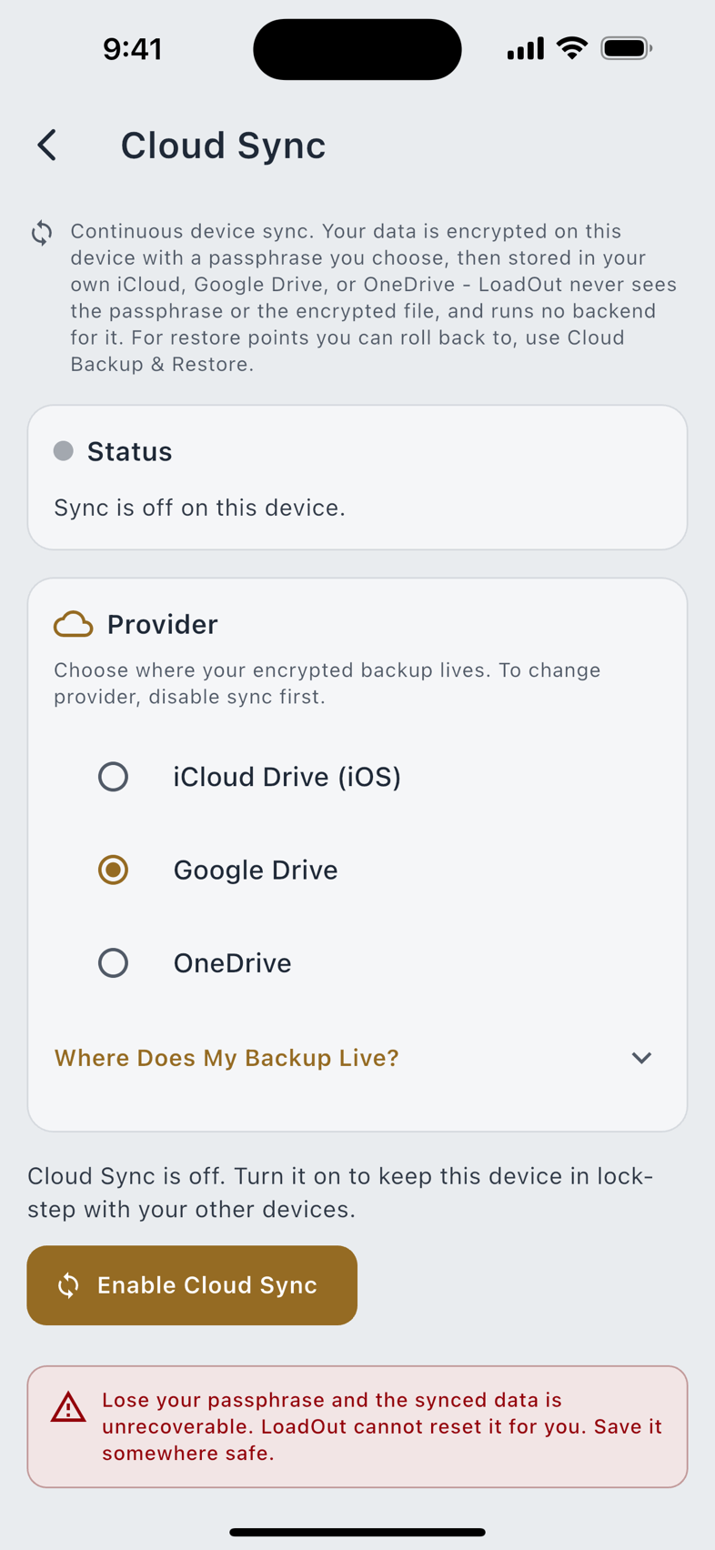 The Cloud Sync screen.