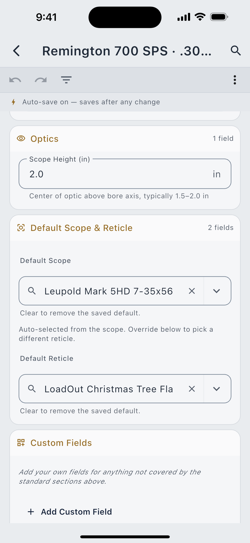 The scope and reticle pickers on the firearm form.