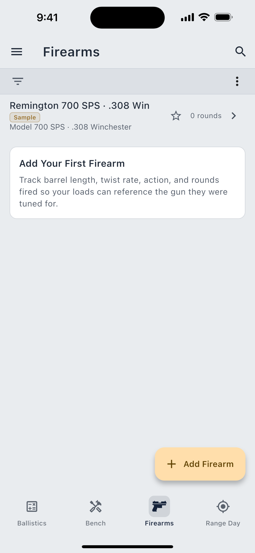 The firearms list, and the form for a factory rifle.