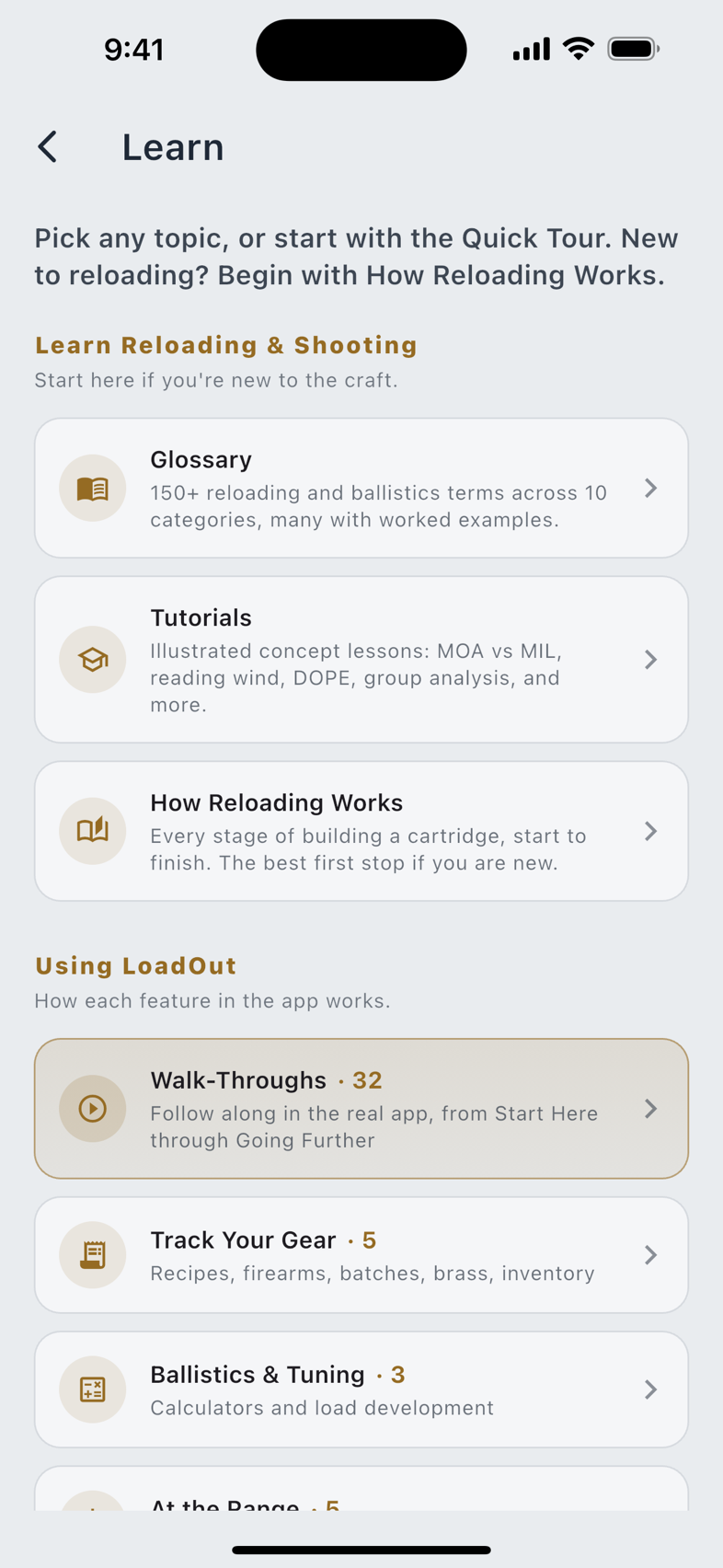 The Learn hub, and the walk-through collection behind it.