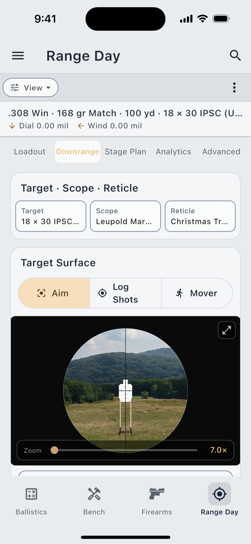 The Scenic tier: the same target and reticle, on a photo backdrop.