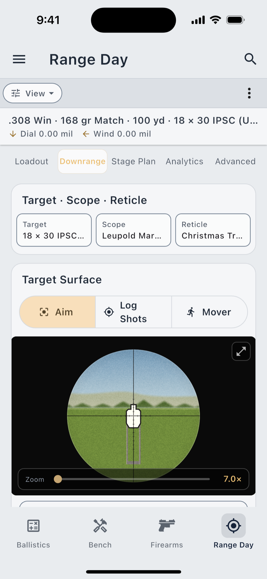Aim, and Log Shots with impacts plotted on the target face.