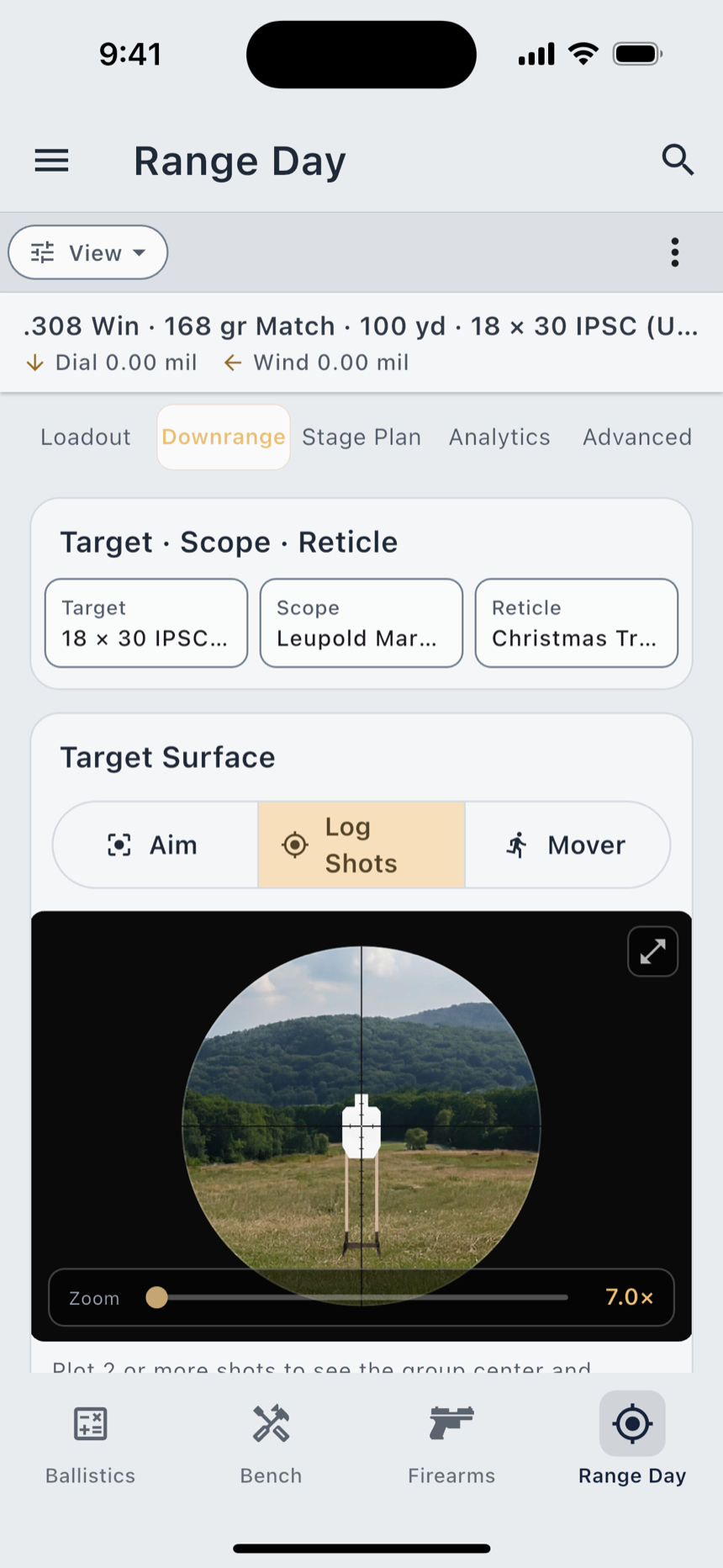Aim, and Log Shots with impacts plotted on the target face.