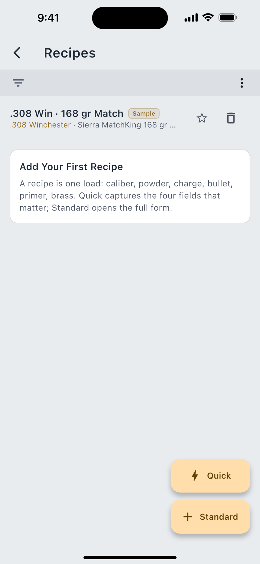 The recipes list, with favourites grouped above.