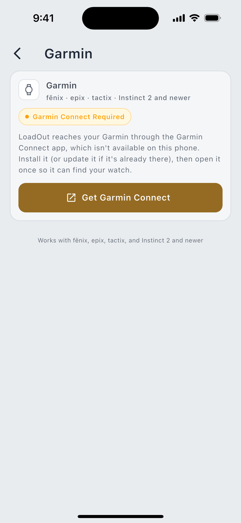 The Apple Watch and Garmin pages in Settings, where each watch's behaviour is set.
