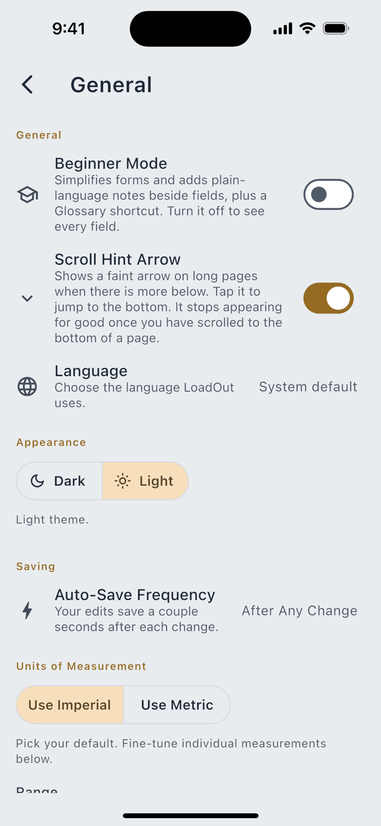 Settings › General: Beginner Mode, language, theme, auto-save, and the unit rows.