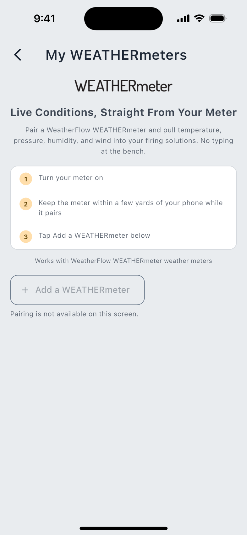 The WEATHERmeter landing and its pairing steps.