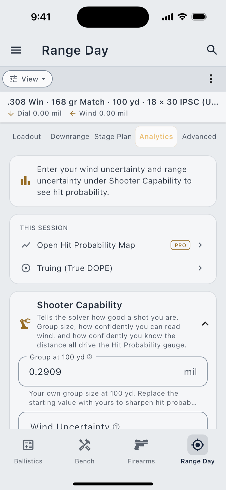Shooter Capability: group size, wind confidence, and range confidence.